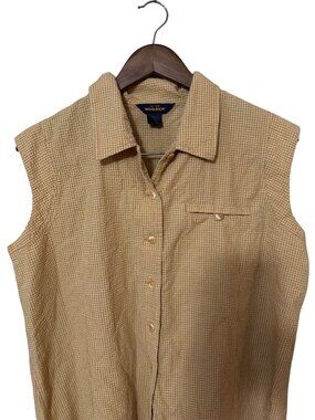 Vtg Seersucker Woolrich XL Sleeveless Button-Up Yellow Gingham Shirt Casual